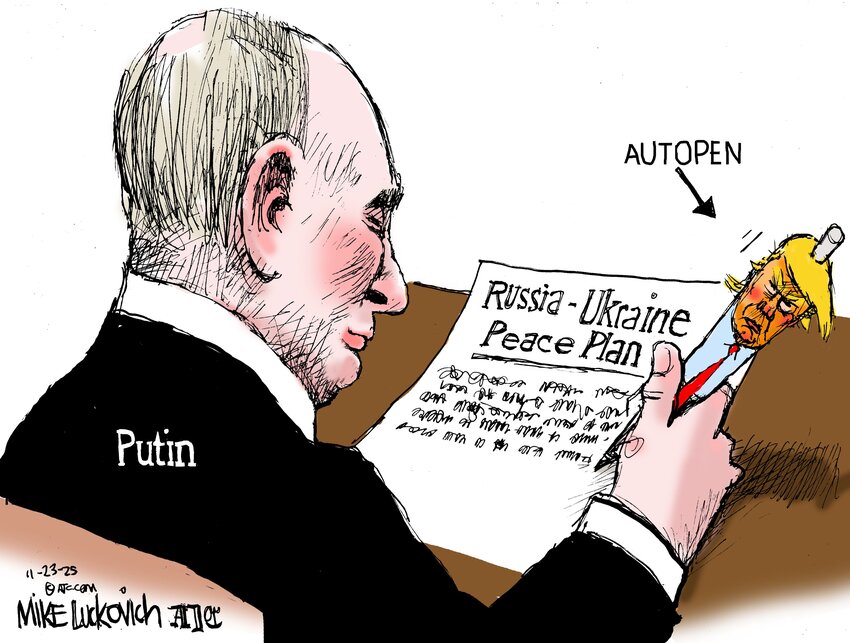 Political cartoon where Putin writes out a peace plan using Trump as a pen.