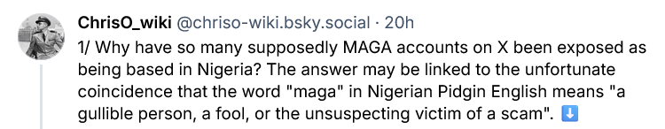 Why so many MAGA twitter accounts are based in Nigeria? 'Maga' in Nigerian Pidgin English means 'a gullible person, a fool.'