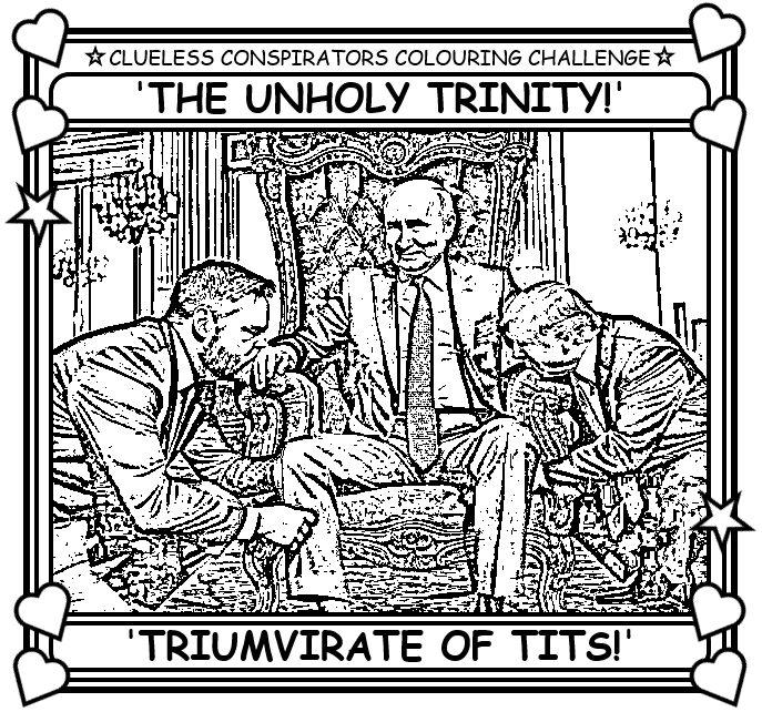 Coloring book page about the unholy trinity of Vance, Putin, and Trump.