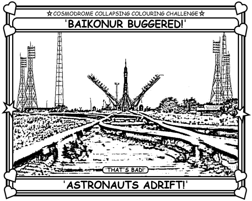 Coloring book page about the collapse at Baikonur.
