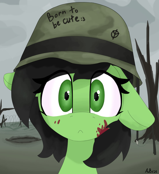 A pony with 'Born to Be Cute' on her helmet is channeling Full Metal Jacket.