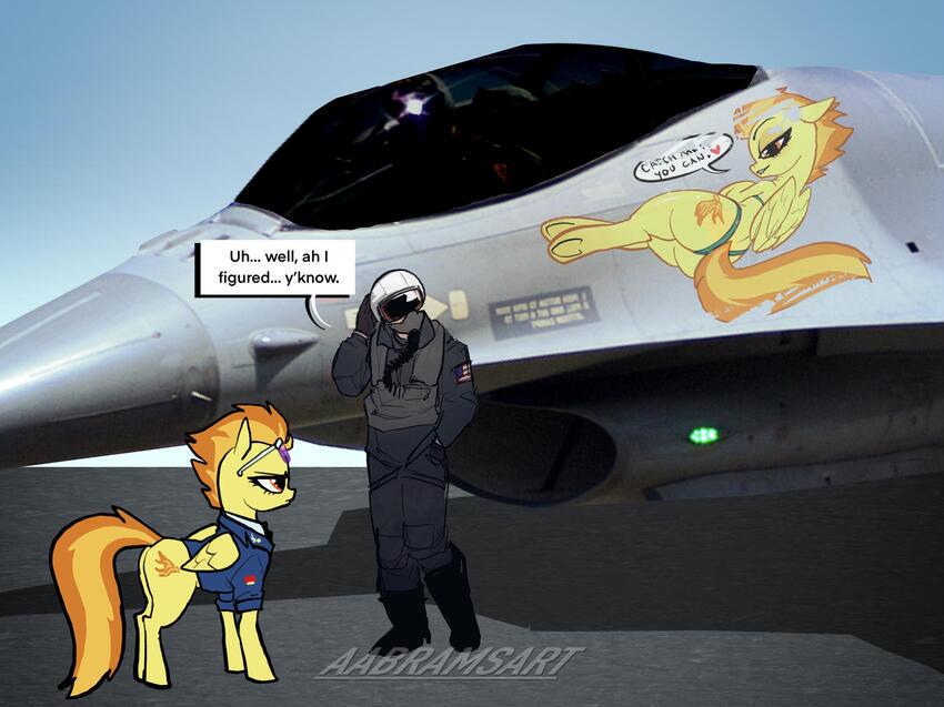 A plane with nose art of a pony saying, 'Catch me if you can.', a pony looks annoyed at the art, and a guy says, 'Uh... well, I figured... y'know.'
