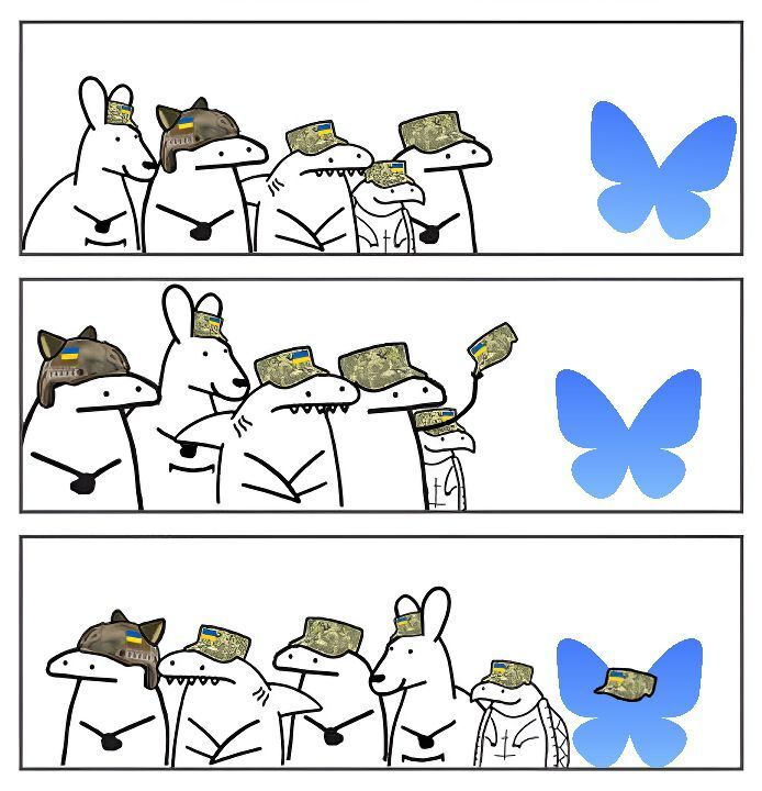 Flork of Cows characters give a hat to a BlueSky butterfly.