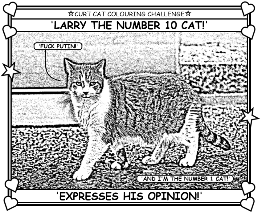Coloring book page about the cat who lives at 10 Downing Street.