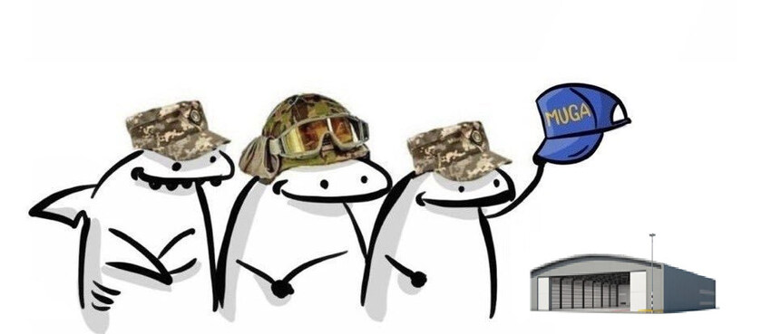 Flork of Cows characters give a hat to a Russian hangar.