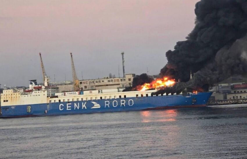 Turkish ship attacked by Russia, on fire.