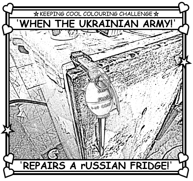 Coloring book page about when the Ukrainian army repairs a Russian fridge.