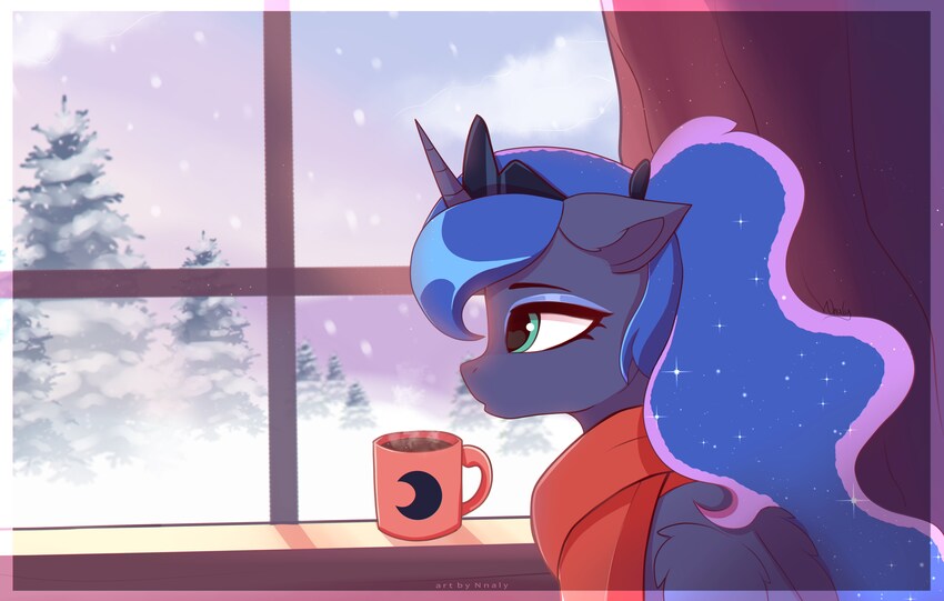 A pony sitting inside, looking outside, drinking coffee.