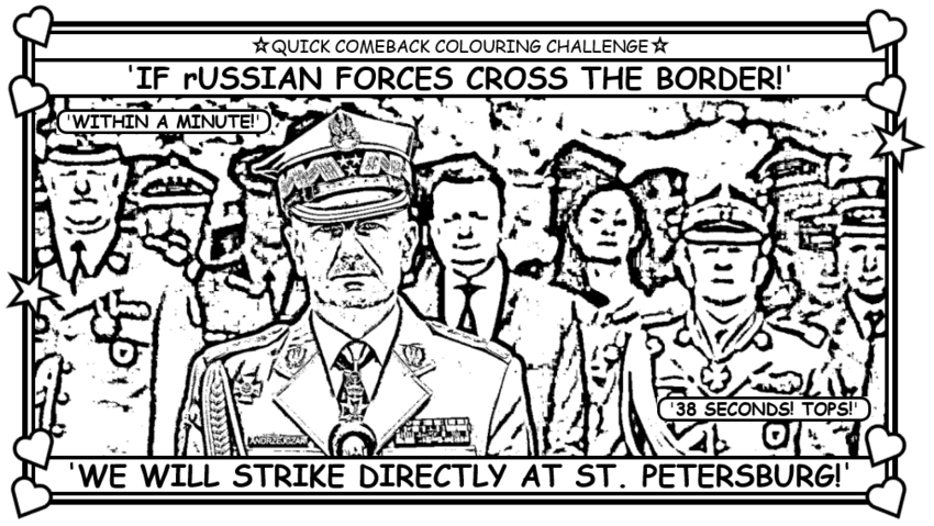 Coloring book page showing what would happen to Russia if it attacked Poland. (30 seconds to boom.)
