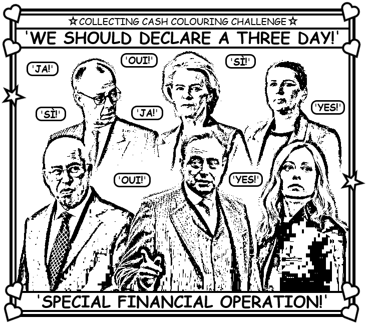 Coloring book page where 6 EU leaders decide what to do about freezing/using Russia's assets.