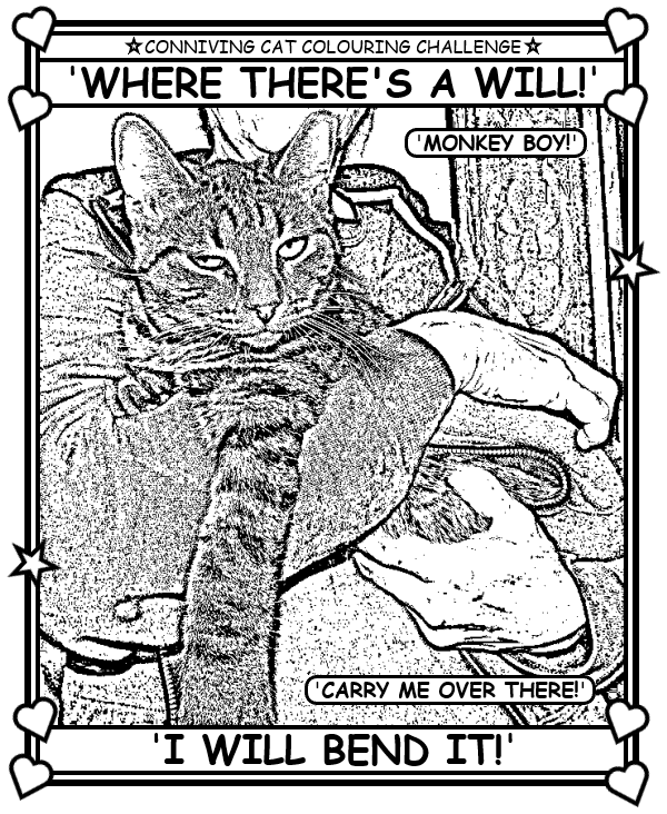 Coloring book page about a cat imposing her will on the humans.
