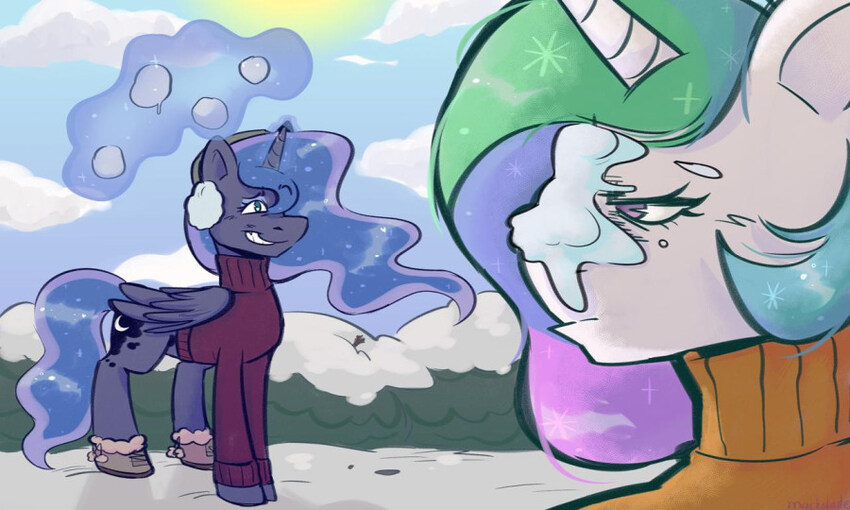 A pony throwing snowballs at another pony.