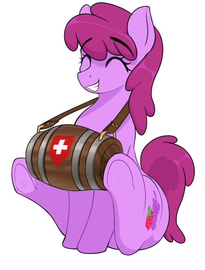 A pony with a barrel around its neck.