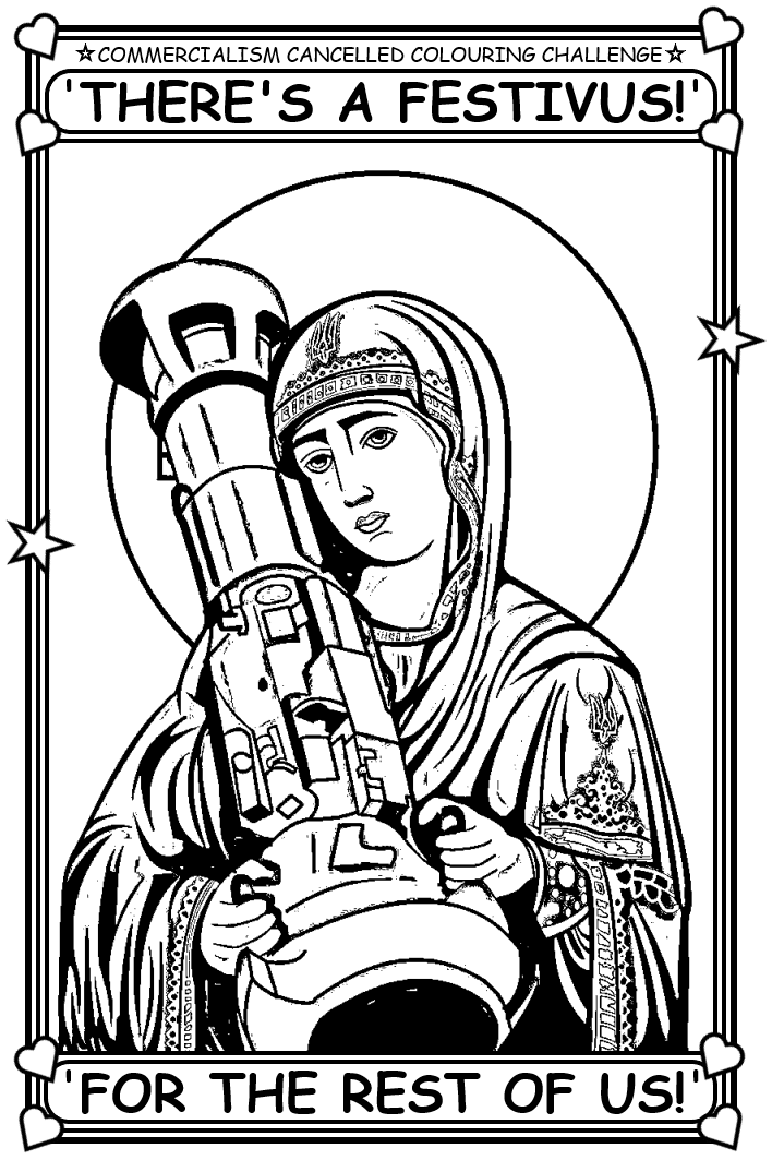 Coloring book page about Festivus, with Saint Javelin.