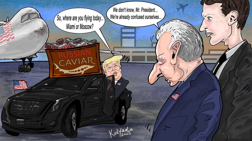 Political cartoon where Trump says, 'Where are you flying today... Miami or Moscow?' Putin says, 'We don't know, Mr. President, we're already confused ourselves.'