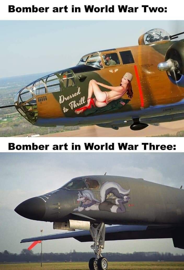 Bomber art WWII: Lady in thong. Bomber art WWIII: Pony with side-boob.