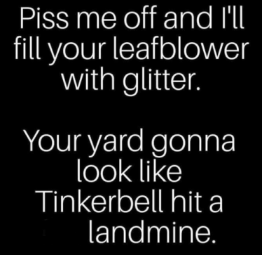 Piss me off and I'll fill your leafblower with glitter. Your yard gonna look like Tinkerbelle hit a landmine.