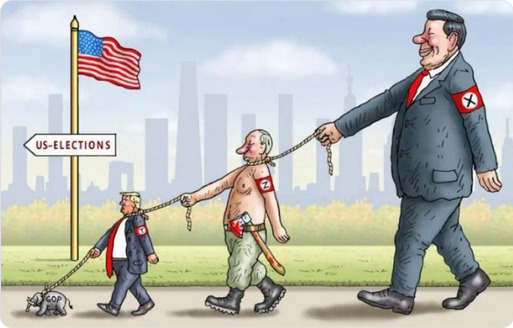 (big) Xi holds a noose around (small) Putin's neck, who holds a noose around (smallest) Trump's neck, who is walking a tiny GOP.