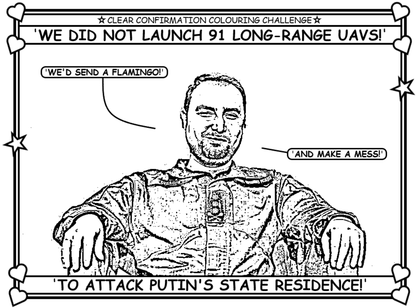 Coloring book page about Zelenskyy saying Ukraine did not attack Putin's residence with a drone.
