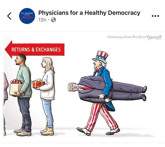 Political cartoon where Uncle Sam is carrying Trump to the Returns/Exchanges counter.