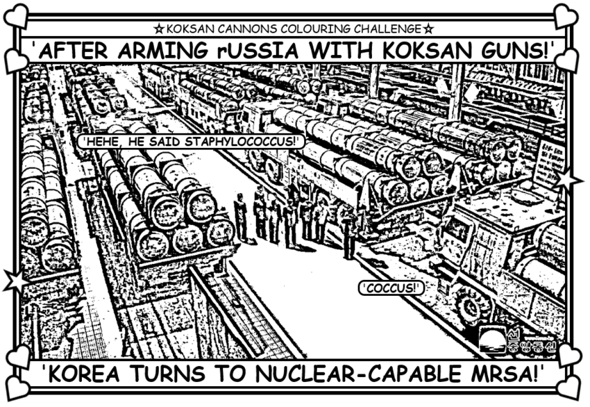 Coloring book page about North Korea's supposedly unclear-capable rocket launchers.