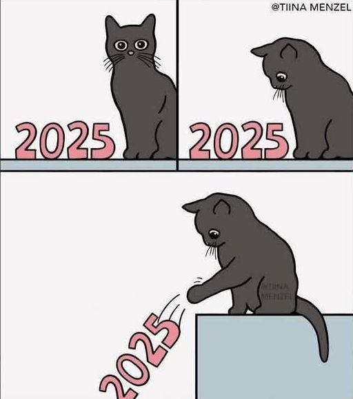 Cartoon about a cat pushing 2025 off a table.