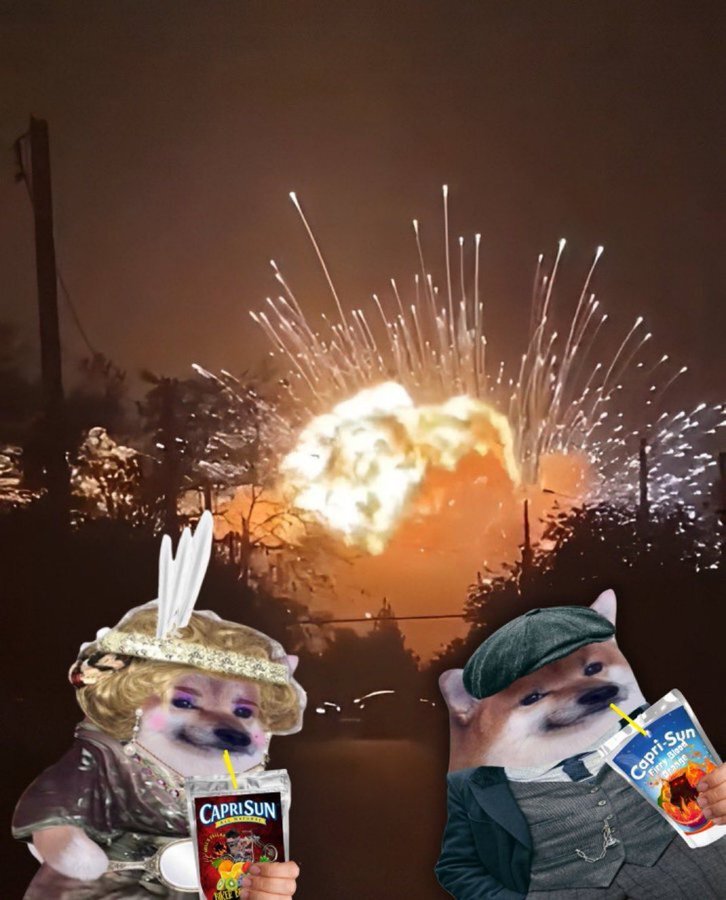 Fellas drink Capri Sun while things explode in the background.