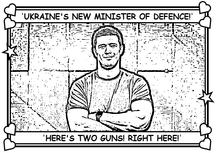 Coloring book page about Budanov being put in charge of Ukraine's department of defense.