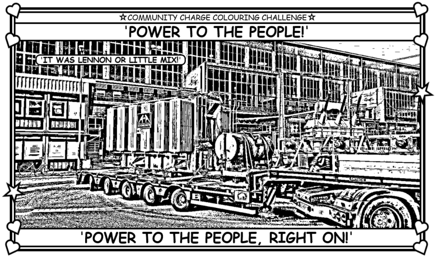 Coloring book page about a German transformer arriving in Ukraine to shore up the power grid.