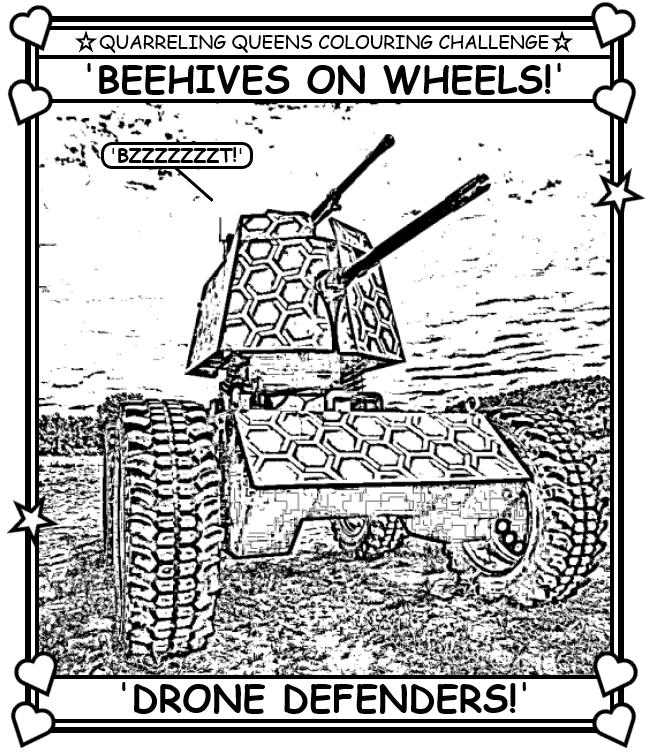 Coloring book page about a new Ukrainian ground drone (looks kind of like a Dalek.)