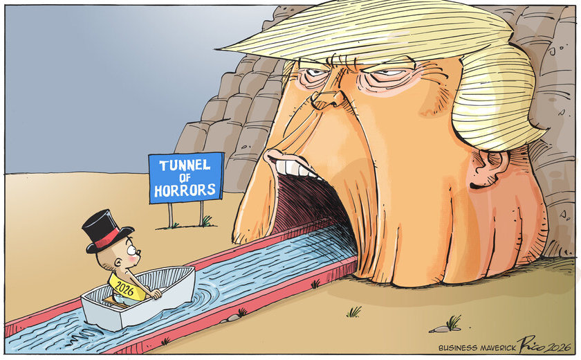Political cartoon showing 2026 entering a Tunnel of Horrors that looks like Trump.
