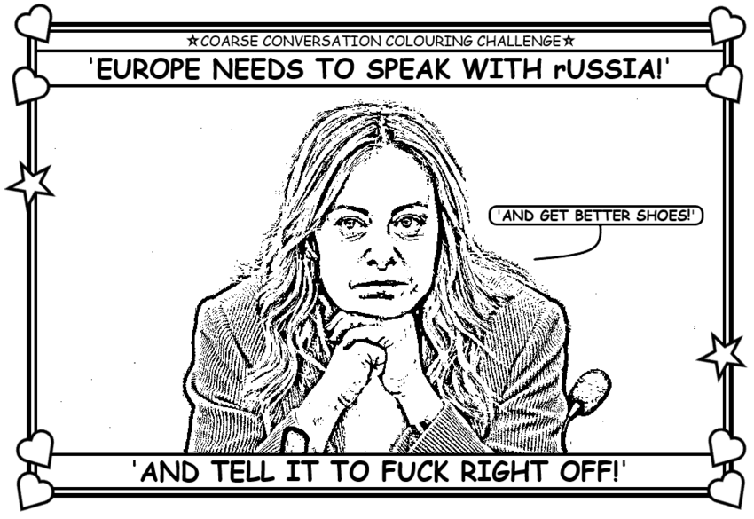 Coloring book page about Europe needing to speak with Russia and tell it to fuck right off.