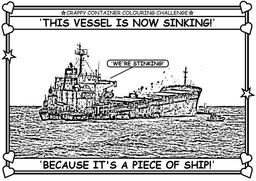 Coloring book page about the Russian ship Rona sinking in the Caspian.